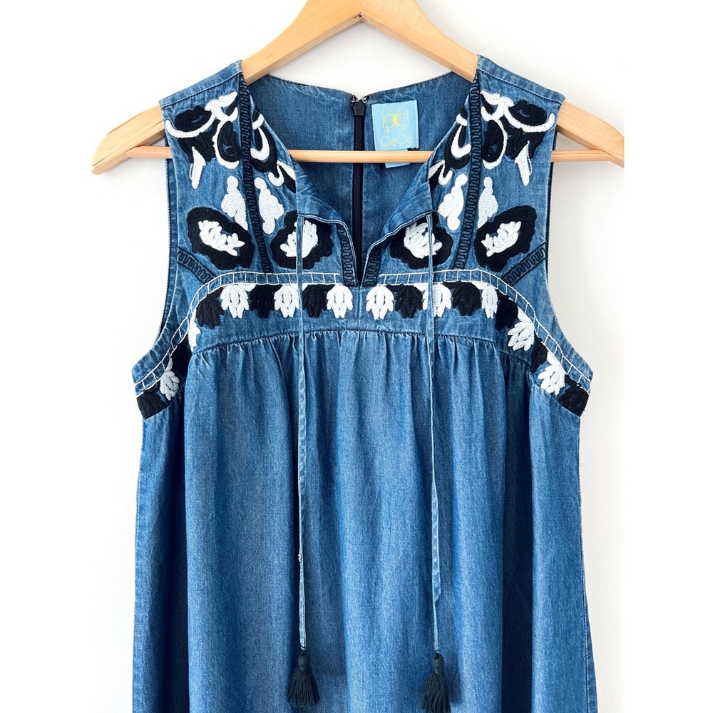 Cece 🌈 Embroidered Chambray Dottie Shift Dress in Caviar Denim - Picture 9 of 16